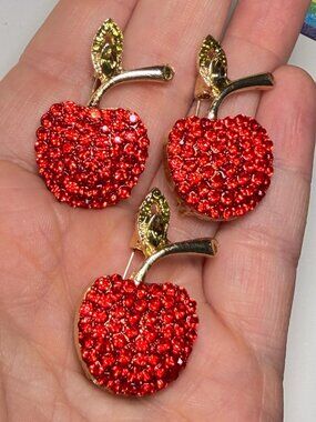 Apple Rhinestone Brooch Modern Pin Lot Gold Tone Fruit Set of 3